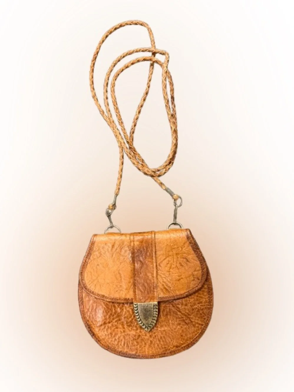 Vintage Tooled Leather Mini Crossbody Bag Cognac Boho Festival Purse 5.5x5